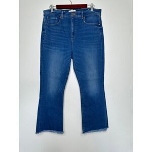 Loft High Waist Flare Crop Jeans Size 32 14 Blue Frayed Hem Split Back